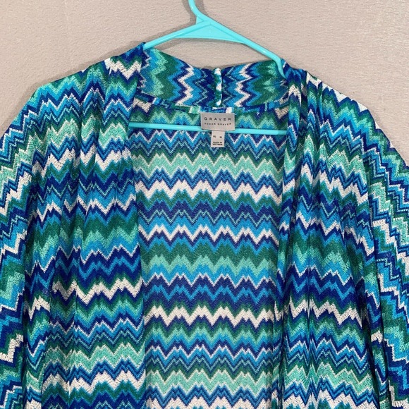 Susan Graver Cardigan Womens XL Blue Green Chevron Kimono Sleeve Tasseled Casual - Picture 3 of 14